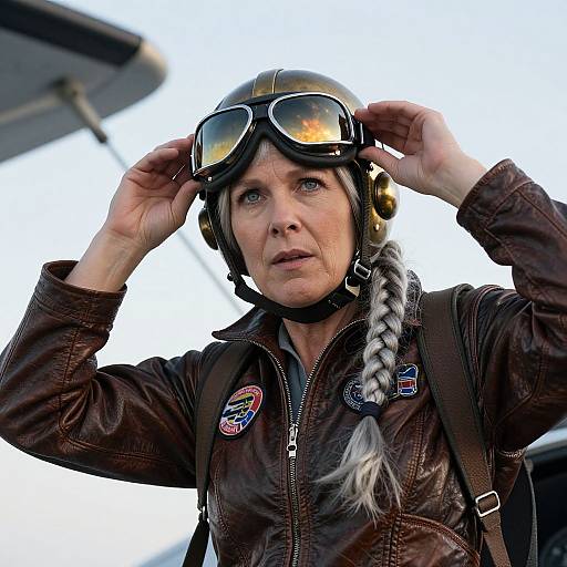 Photograph of a middle-aged woman with light skin, gray braid, wearing a brown leather jacket, aviator goggles, and helmet, adjusting her