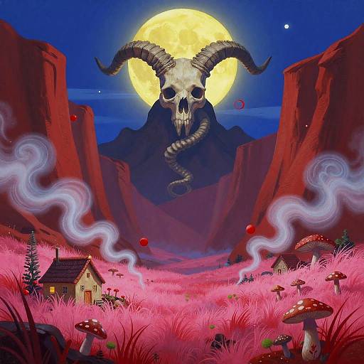 Surreal Fantasy Crimson Canyon with Horned Skull and Moon