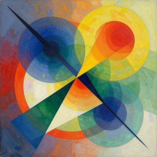 Abstract painting with overlapping circles in blue, red, yellow, and green, intersected by black geometric lines, creating a vibrant, dynamic composition.