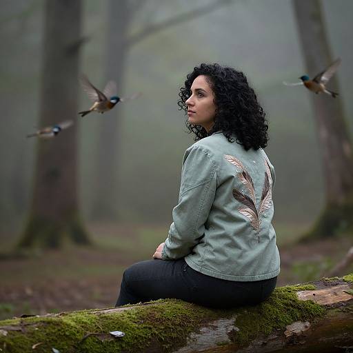 Photograph of a curly-haired woman in a light blue denim jacket with feather embroidery, sitting on a moss-covered log in a misty forest, with