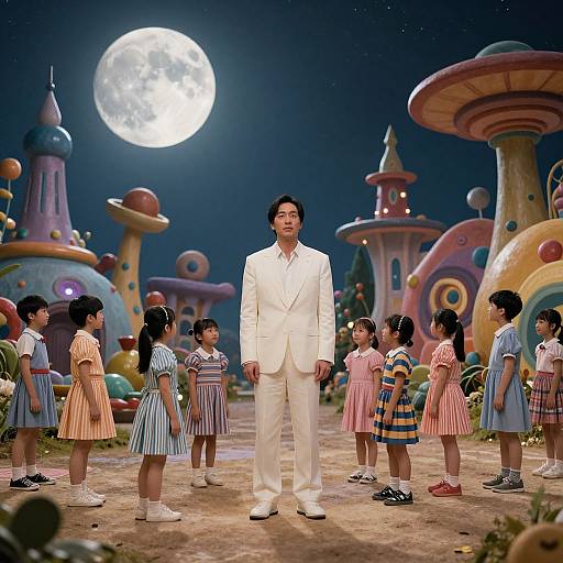 Photograph of an Asian man in a white suit standing center stage in a whimsical, moonlit, colorful fairy-tale backdrop with seven young girls