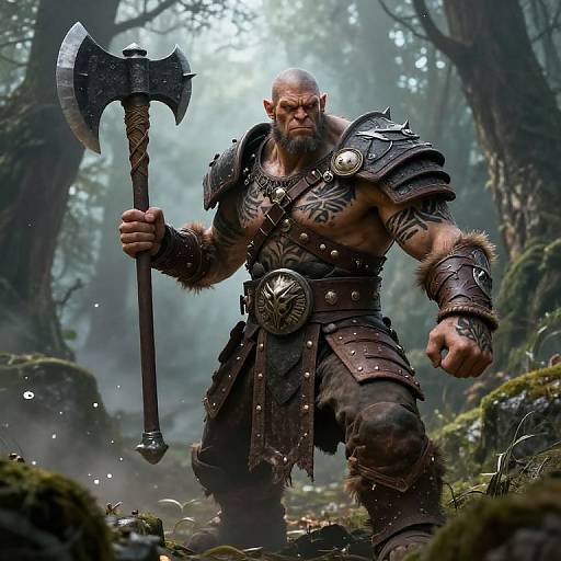 Photorealistic CGI of a muscular, bearded Viking warrior with intricate tattoos, holding a large double-headed axe, standing in a misty forest.
