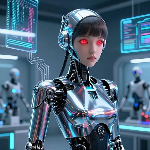 CGI image of a sleek, silver robotic woman with glowing red eyes, set in a futuristic lab with neon blue screens.