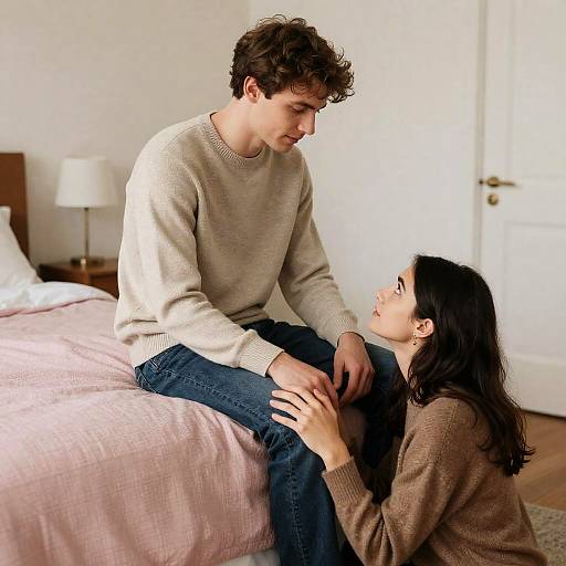 Couple in Cozy Bedroom Interaction