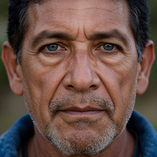 Close-up photograph of a middle-aged man with blue eyes, graying short hair, and a trimmed beard, wearing a blue shirt, with a serious