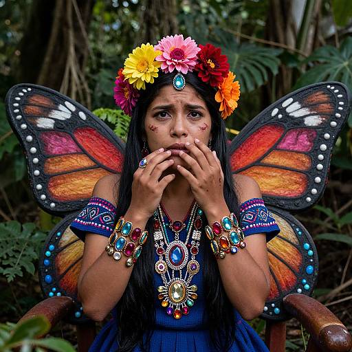 Photograph of a young woman with butterfly wings, colorful flower crown, and elaborate jewelry, hands covering mouth, in a forest.