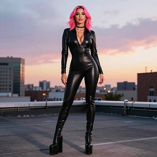 Photograph of a confident woman with bright pink hair, wearing a black, tight, leather jumpsuit and platform boots, standing on a rooftop at sunset
