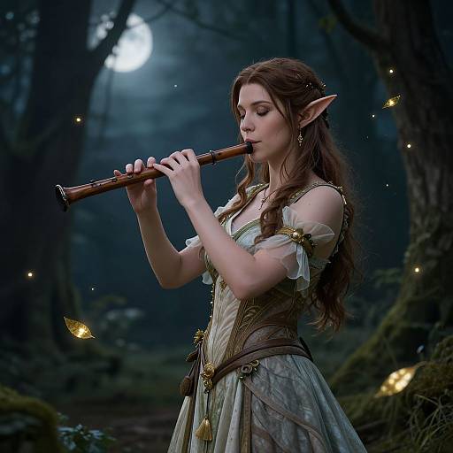 Digital fantasy artwork of an elf woman with long brown hair, wearing a flowing green dress, playing a wooden flute in a moonlit forest, surrounded by