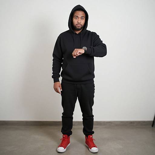 Funny Hooded Male in Red Sneakers