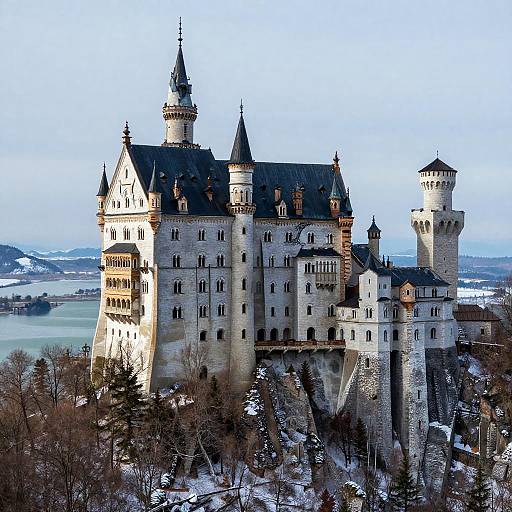 Photograph of Neuschwanstein Castle, a fairytale-like, grey stone fortress with multiple towers, set against a snowy landscape and blue sky