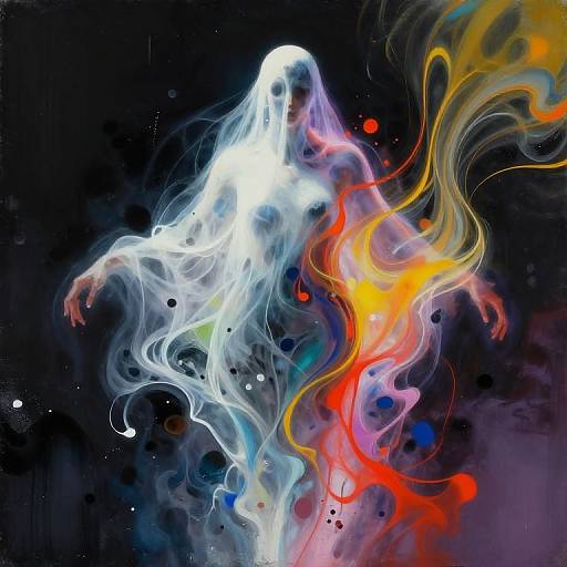 Digital art of a ghostly figure with ethereal white mist, surrounded by colorful, swirling smoke in dark space-like background.