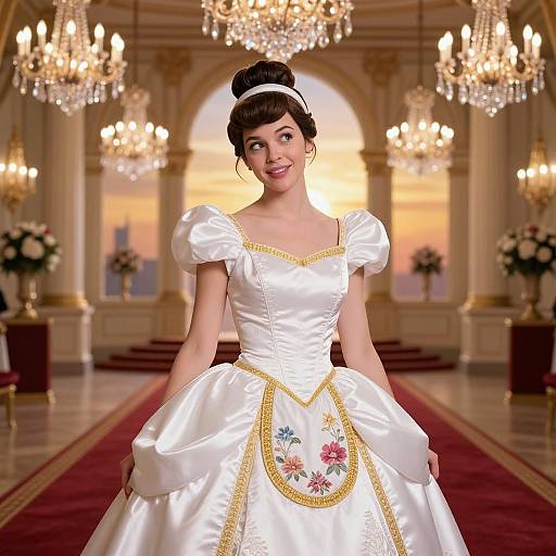 Digital illustration of a smiling woman in a white, floral-embellished ball gown, standing in an opulent, chandelier-lit ballroom