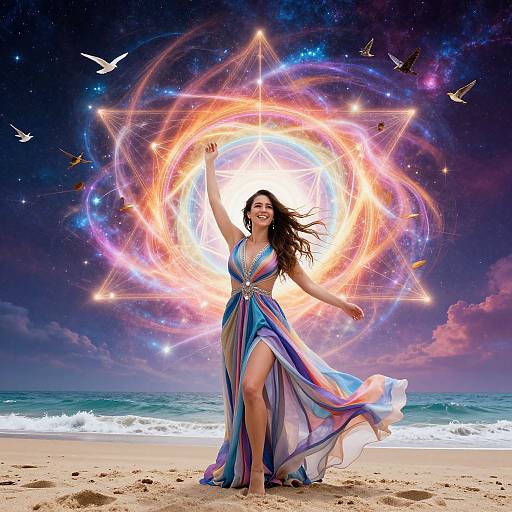 Magical beach scene: smiling woman in flowing blue and purple dress, glowing starry mandala, birds flying, ocean waves, night sky.