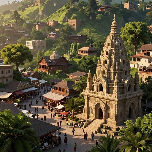 Photograph of a sunlit hill town featuring a detailed, ornate stone clock tower, bustling market square, and lush greenery.