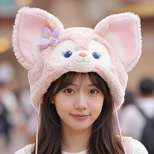 Photograph of an Asian woman with long brown hair, wearing a cute pink fluffy cat hat with a purple bow, smiling softly against a blurred outdoor background