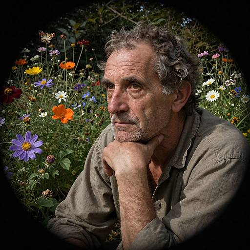 Photograph of a middle-aged man with gray curly hair, wearing a gray shirt, sitting among colorful wildflowers, hands resting on his chin, thoughtful