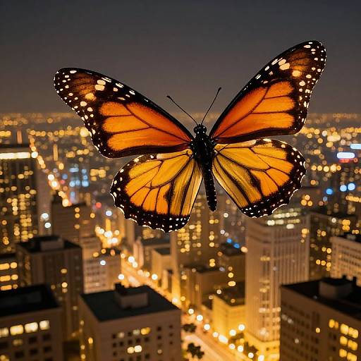 Photograph of a vibrant orange and black monarch butterfly with dotted edges, flying above a brightly lit, bustling cityscape at night.