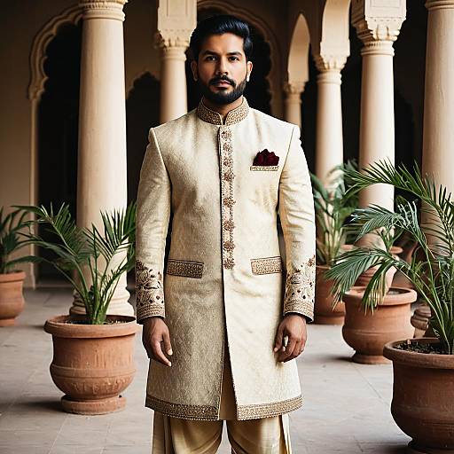 Indian Man in Beige Sabyasachi Sherwani