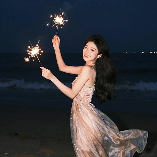 Photograph of a smiling young Asian woman with long black hair, wearing a flowing, sheer white dress, holding two sparking sparklers at a dark,