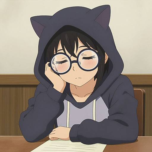 Anime-style digital drawing of a black-haired girl with cat ears hood, round glasses, and black-blue hoodie, resting her head on her hand, looking