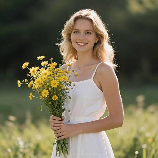 Sunlit Blonde Woman with Wildflowers