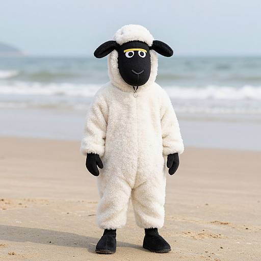 Boy in Shaun Sheep Costume on Beach