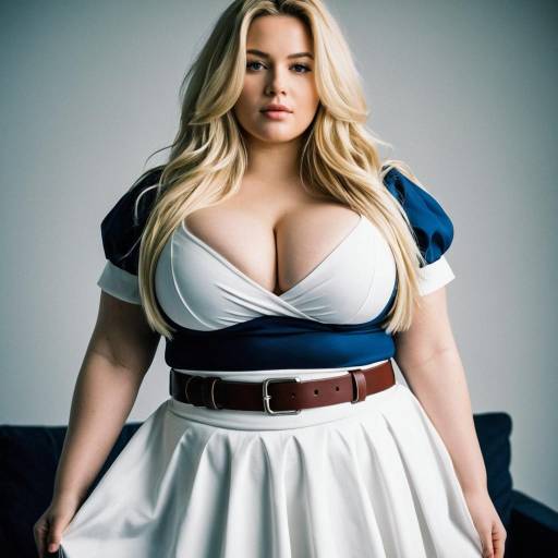 Plus Size Blonde Woman in White Skirt and Blue Top