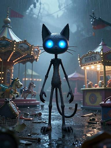 CGI illustration of a rain-soaked, glowing blue-eyed black cat with long limbs standing in a dark carnival at night, with a carousel and game