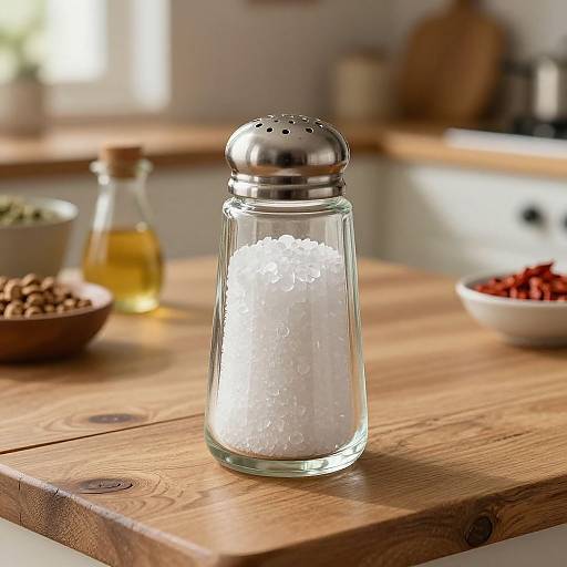 Photograph of a glass salt shaker with white sea salt, on a wooden kitchen counter, beside olive oil bottle and red pepper bowl.