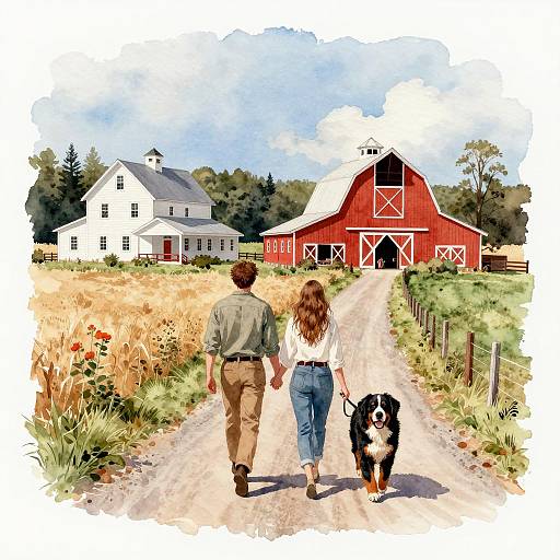 Couple Walking with Dog Toward Farmhouse