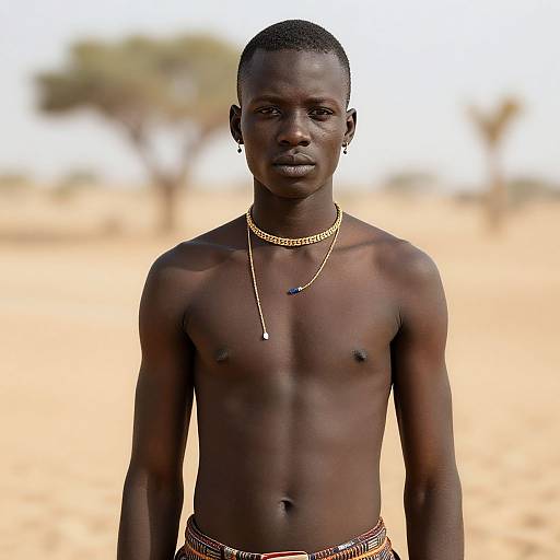 Photograph of a shirtless, dark-skinned, young African man standing in a sunlit, sandy landscape. He wears gold necklaces and pattern