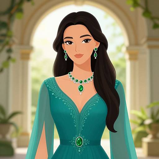 Digital illustration of a beautiful woman with long black hair, wearing a teal, embroidered, V-neck dress with matching green jewelry, standing in a sunlit