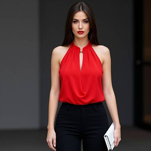 Photograph of a confident woman with long black hair, wearing a red halter top and black pants, holding a white booklet, standing against a dark