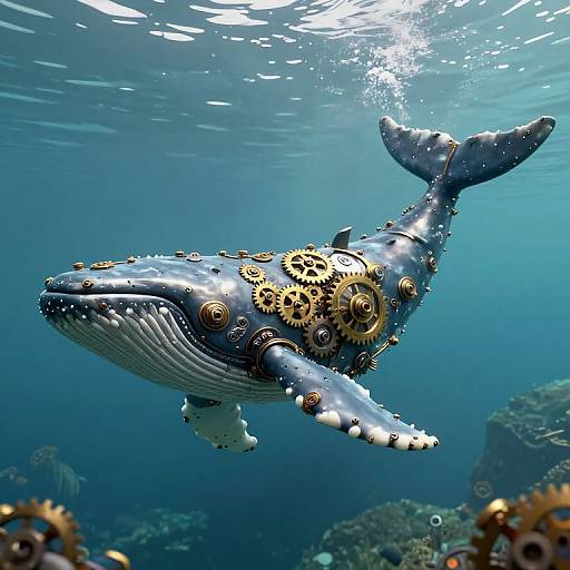 Photograph of a steampunk-inspired humpback whale with brass gears and cogs, swimming underwater amidst coral and sunlight.