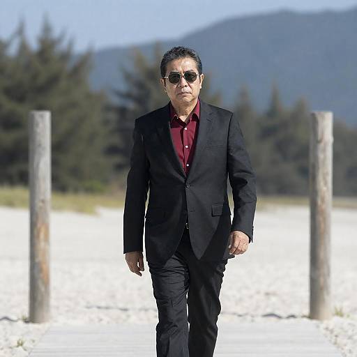 Serious Man in Black Suit at Beach