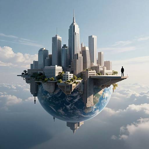 Digital artwork: Futuristic cityscape floating on a spherical Earth, with skyscrapers and a lone figure standing on the edge. Blue sky and clouds
