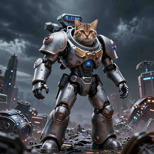 Digital art: A tabby cat in a futuristic, silver robotic suit stands confidently in a dystopian, cyberpunk cityscape with dark, cloudy skies