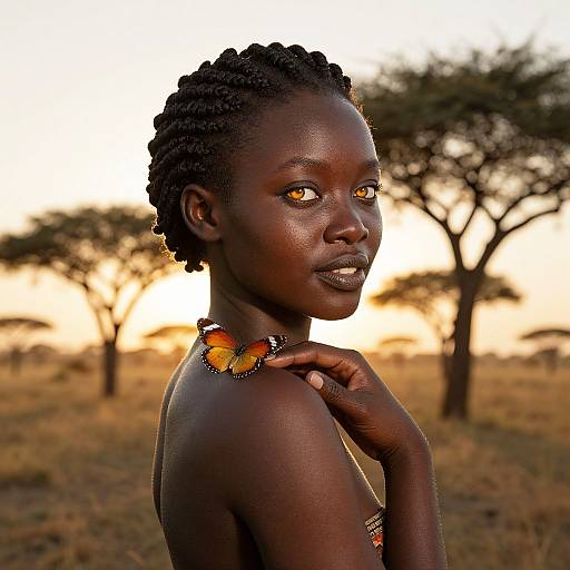 Photograph of a dark-skinned woman with short, curly hair, holding an orange and black butterfly against a sunset savanna backdrop.