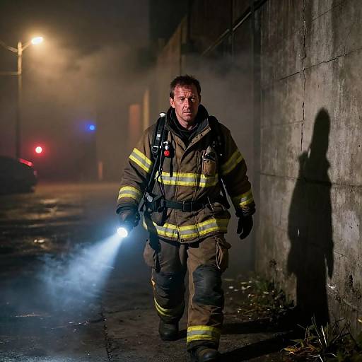 Photograph of a determined male firefighter in dark uniform with yellow stripes, holding a flashlight, walking through a foggy, dimly lit alley at night