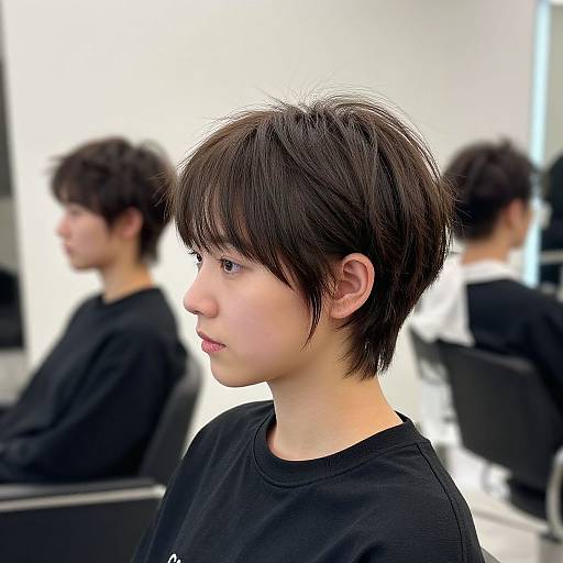Photograph of an Asian boy with short, dark brown hair in a black shirt, standing in a brightly lit salon, with blurred reflections of himself in