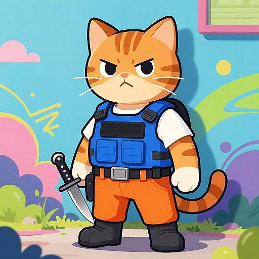 Cartoon orange tabby cat in blue vest and orange pants, holding a knife, standing in colorful outdoor background, serious expression.