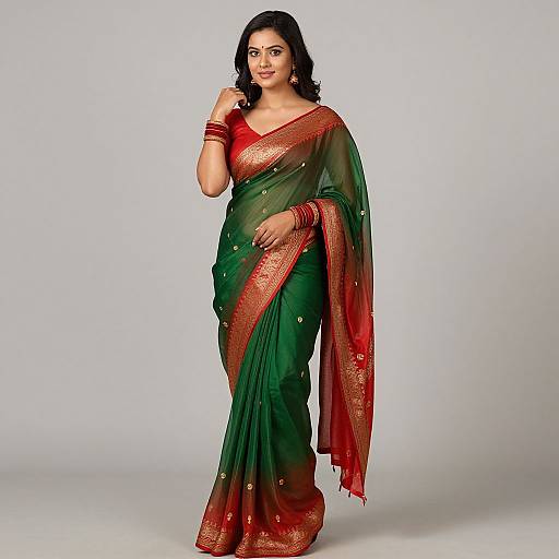 Photograph of a confident, dark-haired woman in a green saree with red borders, gold patterns, and red bangles, standing against a plain