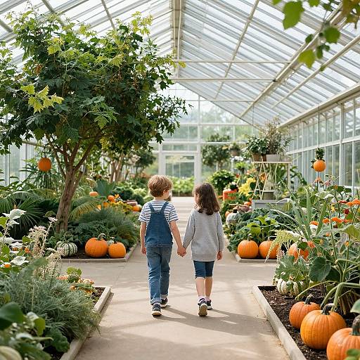 Photograph of a young boy and girl holding hands, walking through a sunlit greenhouse filled with vibrant orange pumpkins and lush green plants.