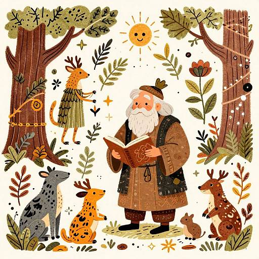 Whimsical illustration of a bearded Santa reading a book surrounded by colorful forest animals, trees, flowers, and a smiling sun.