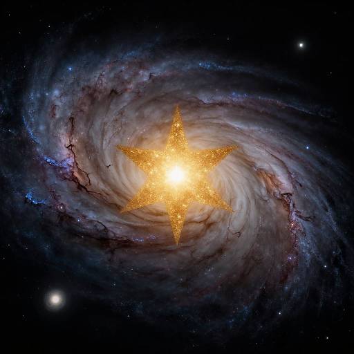 Photograph of a luminous golden starburst at the center of a spiral galaxy, surrounded by swirling clouds of purple and blue gas and dust, with