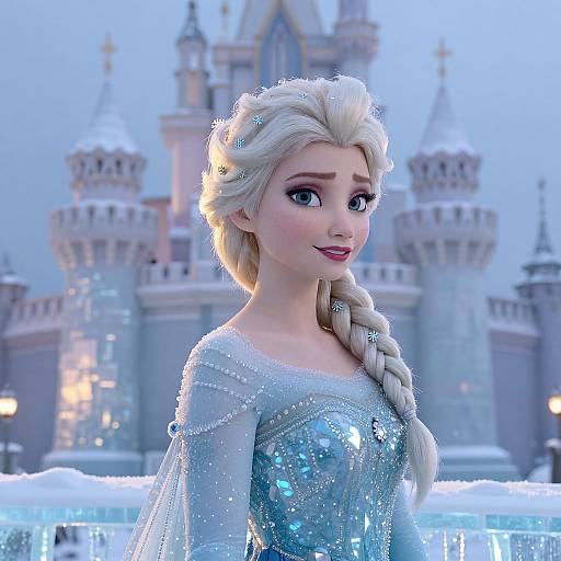 CGI image of Elsa from Frozen with braided platinum hair, sparkling blue dress, and fair skin, standing in front of a snow-covered castle.