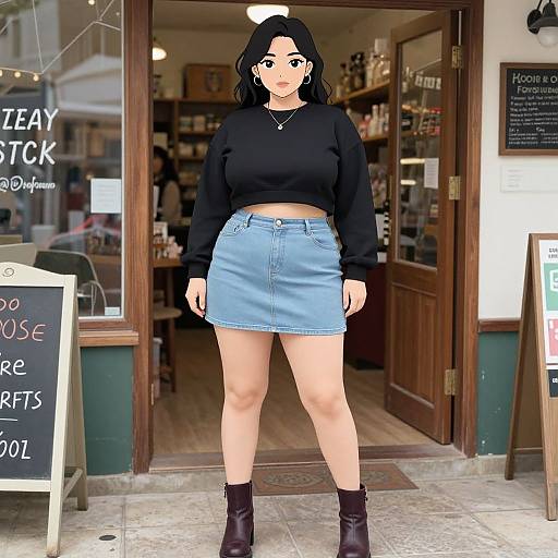 Digital anime-style drawing of a black-haired woman in a black crop top, blue skirt, and black boots, standing in a cozy café doorway.