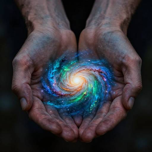 Photograph of aged, wrinkled hands cradling a glowing, colorful cosmic whirlpool with swirling blues, greens, and oranges against a dark background