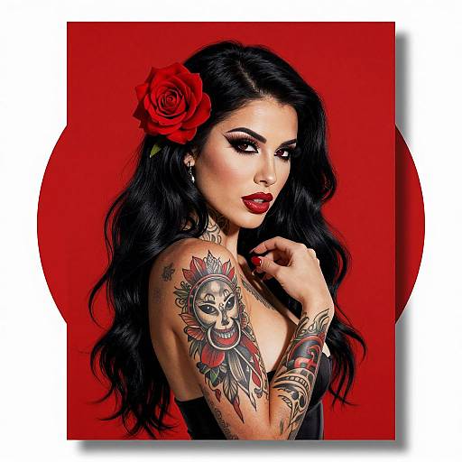 Photograph of a tattooed woman with long black hair, red rose in hair, red lipstick, and dramatic makeup, against a red background.