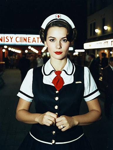 Woman in Cinema Usherette Costume at Night
